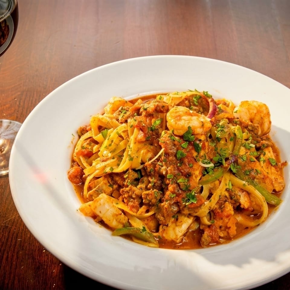 A plate of seafood pasta with shrimp and calamari next to a glass of red wine.