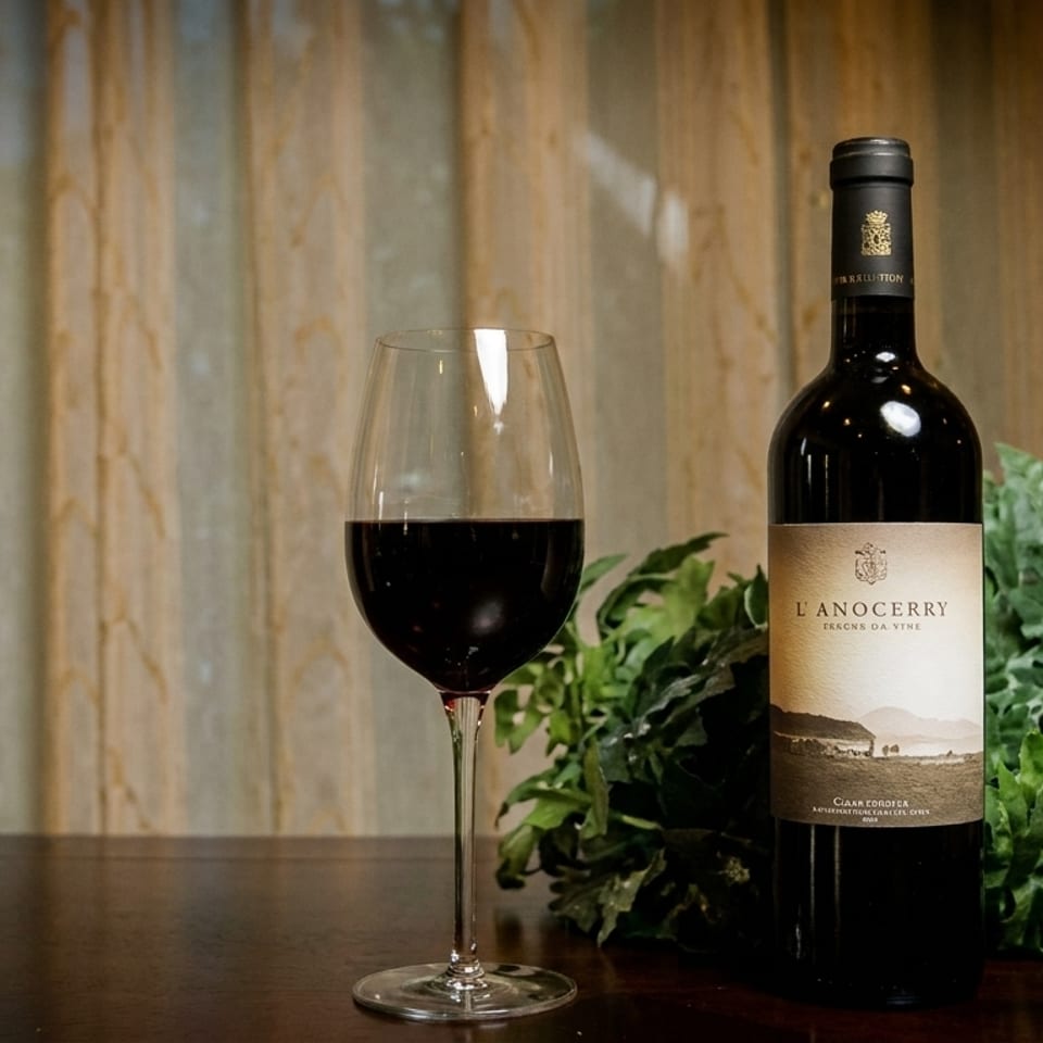 A bottle of red wine and a full glass of red wine sit on a table with green foliage.