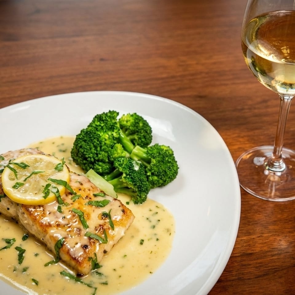 Pan-seared salmon with lemon, herbs, creamy sauce, and broccoli, served with white wine.